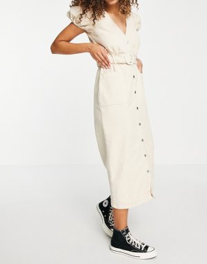 Джинсовое платье миди цвета экрю с поясом -Белый ASOS DESIGN