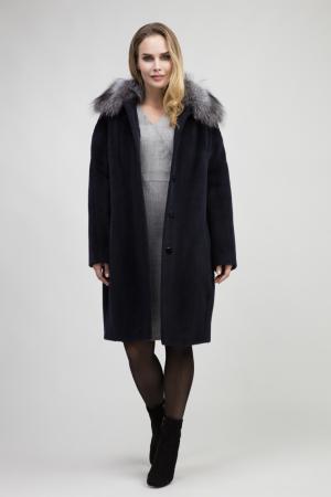 Пальто из альпака на большой размер с отделкой меха лисы Leoni Bourget. Цвет: темно-синий