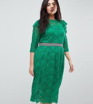 Кружевное чайное платье миди с отделкой кантом в спортивном стиле ASOS CURVE. Цвет: зеленый