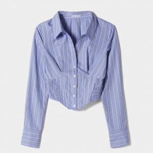 Блуза-корсет Fitted Poplin Shirt With Long Sleeves, голубой Bershka