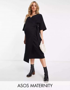 Супермягкое черное платье-джемпер миди с запахом и поясом ASOS DESIGN Maternity
