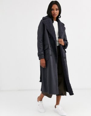 Длинное двустороннее пальто из цигейки с поясом -Темно-синий Urbancode