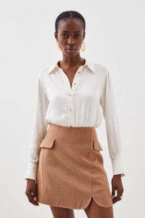 Мини-юбка с запахом и двусторонними карманами на заказ, из смесовой шерсти , бежевый Karen Millen