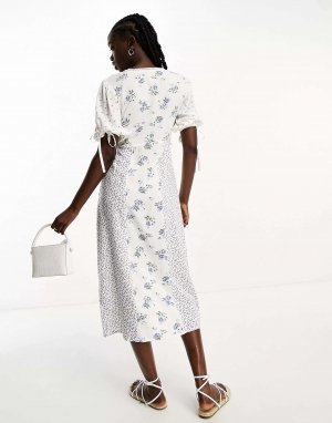 Платье миди с v-образным вырезом и кружевной вставкой белым цветочным принтом Influence