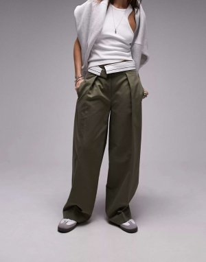 Плиссированные прямые брюки цвета хаки Topshop. Цвет: хаки