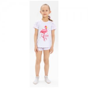 754741996 Комплект: Футболка, шорты Flamingo, , размер 146, цвет Белый Liza Volkova. Цвет: белый/розовый