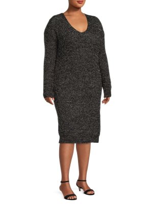 Платье-свитер плюс с длинными рукавами и круглым вырезом, черный Dex