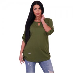 Рубашка женская однотонная/ оверсайз, с коротким рукавом/Блузка хлопок/ блузка вырезом, демисезон New Life. Цвет: зеленый
