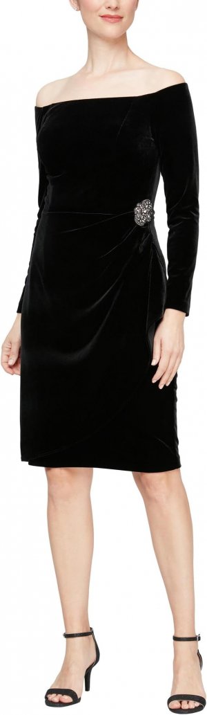 Бархатное короткое платье-футляр с открытыми плечами , черный Alex Evenings