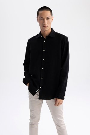 Текстурированная рубашка из 100 % хлопка с длинными рукавами и воротником-поло современного кроя, черный DeFacto