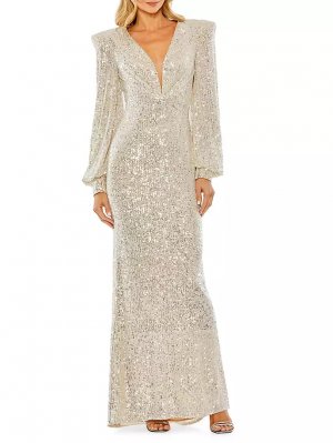 Платье с глубоким вырезом и расшитыми пайетками блузонами рукавами , цвет beige silver Mac Duggal