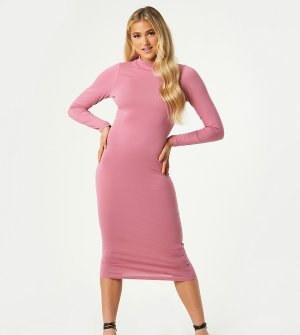 Эксклюзивное пыльно-розовое платье миди с длинными рукавами и высоким воротником -Розовый цвет Outrageous Fortune