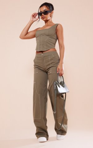 Прямые брюки карго из саржи цвета хаки с контрастными швами PrettyLittleThing