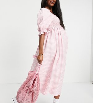 Розовое платье миди из фактурного жатого материала в клетку с рукавами 3/4 -Розовый цвет New Look Maternity
