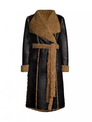 Пальто из веганской кожи с завязками на талии, отделкой искусственного меха , черный Donna Karan New York