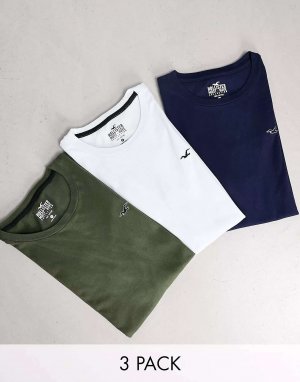 Три пары футболок с логотипом темно-синего/зеленого/синего цвета Hollister. Цвет: зеленый