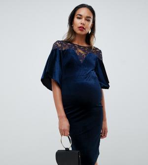 Темно-синее бархатное облегающее платье миди с кружевной вставкой -Темно-синий TFNC Maternity