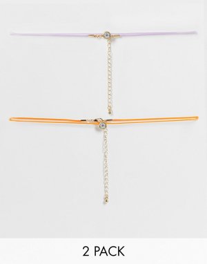Набор из 2 веревочных чокеров в стиле 90-х с бусиной-кристаллом -Разноцветный DesignB London