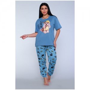 Пижама , брюки, футболка, короткий рукав, трикотажная, пояс на резинке, карманы, размер 50, синий Натали. Цвет: синий