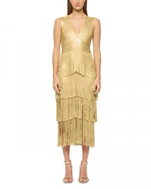 Платье миди с бахромой и фольгированной повязкой , цвет Gold Hervé Léger