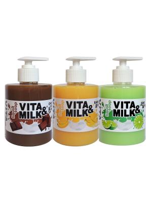 Жидкое мыло в наборе, ароматы: Банан, Шоколад, Лайм VITA-MILK. Цвет: салатовый, желтый, светло-коричневый