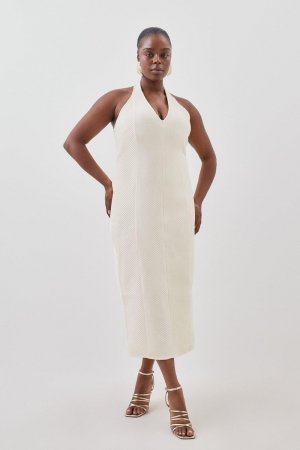 Плюс размер Фигура Повязка Текстурированное вязаное платье миди , белый Karen Millen