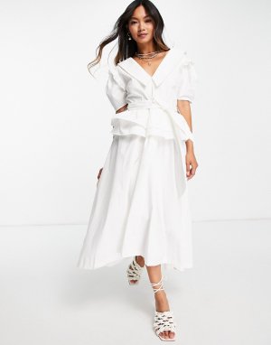 Поплиновое платье миди с винтажным воротником и пышной юбкой -Белый Lost Ink