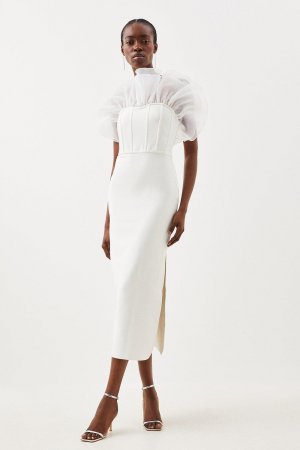 Вязаное платье мидакси с оборками из органзы и фигурной повязкой , белый Karen Millen