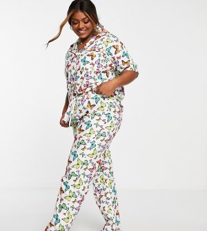 Пижамный комплект из рубашки с короткими рукавами, брюк и резинки для волос ярким принтом бабочек -Разноцветный Daisy Street Plus