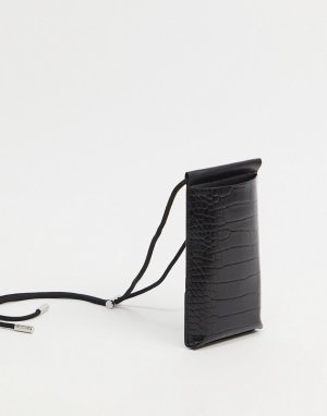 Черный чехол для телефона и визитница через плечо с крокодиловым принтом Adley-Черный цвет Monki