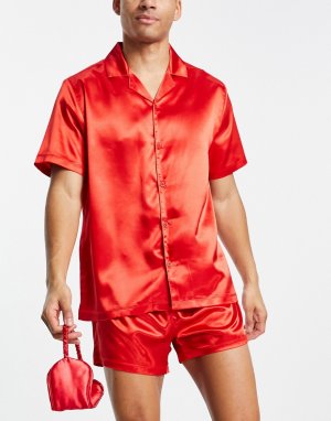 Атласный пижамный комплект красного цвета с рубашкой, шортами и маской для сна -Красный ASOS DESIGN