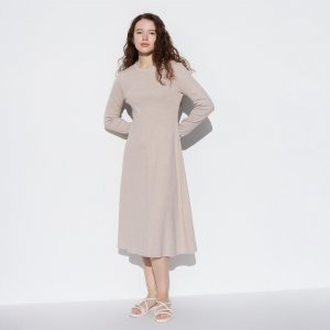 Платье-клеш в рубчик (длинные рукава, короткая длина, 103,5-114,5 см) UNIQLO, бежевый Uniqlo