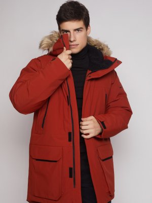 Тёплая удлинённая куртка-парка с капюшоном и съёмной опушкой из экомеха zolla. Цвет: оранжевый