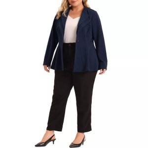 Женские офисные пиджаки больших размеров с двойными лацканами и баской, , темно-синий Agnes Orinda
