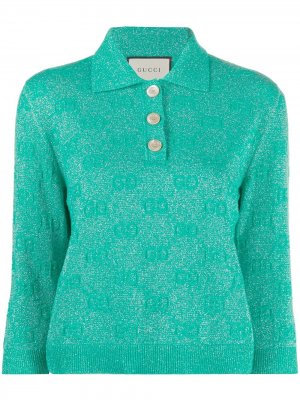 Укороченная рубашка-поло с блестками и узором GG Gucci. Цвет: зеленый