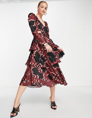 Бордовое ярусное вечернее платье миди с вырезом на талии и цветочным принтом Topshop
