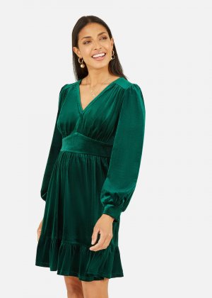 Mela Зеленое бархатное платье с плиссированной юбкой длинными рукавами Apple