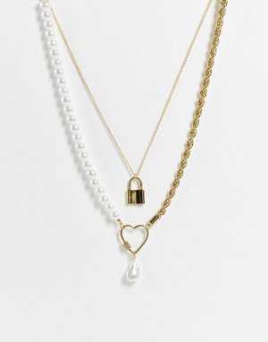 Золотистое ожерелье-цепочка с искусственным жемчугом и подвесками в виде сердца замочка -Золотистый Pieces