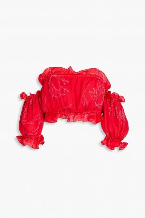 Укороченный шелковый топ с открытыми плечами и цветочным принтом CAROLINA HERRERA, красный Herrera