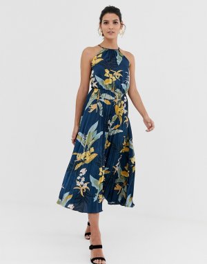 Платье миди с плиссированной юбкой и цветочным принтом -Темно-синий Liquorish