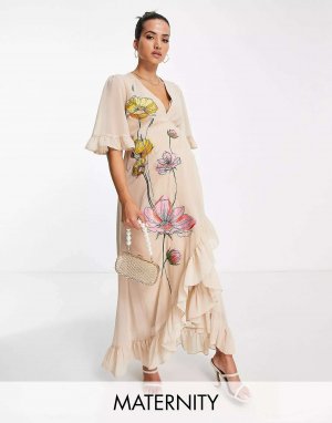 Платье макси с запахом и вышивкой Персиковое цветочное Hope & Ivy Maternity