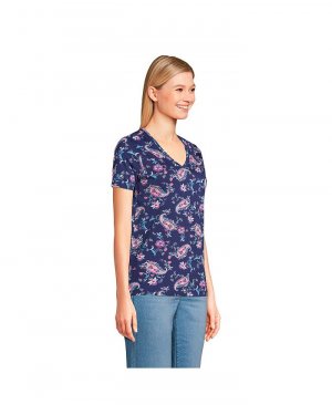 Женская непринужденная хлопковая футболка Supima с короткими рукавами и v-образным вырезом Lands' End, цвет Deep sea navy paisley floral Lands' End