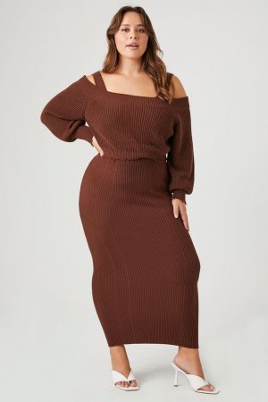 Платье-свитер больших размеров с открытыми плечами , шоколадный Forever 21
