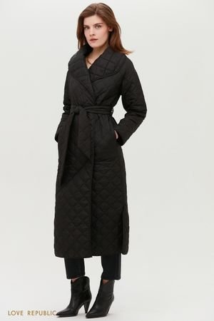Чёрное стёганое пальто с поясом и объёмными лацканами LOVE REPUBLIC