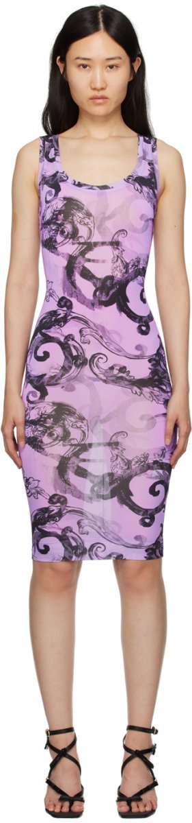 Пурпурное акварельное платье миди от кутюр Versace Jeans Couture