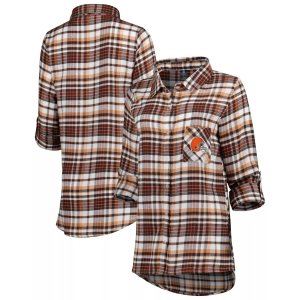 Женская спортивная коричнево-оранжевая ночная рубашка Cleveland Browns Mainstay с длинными рукавами и застежкой на все пуговицы. Unbranded