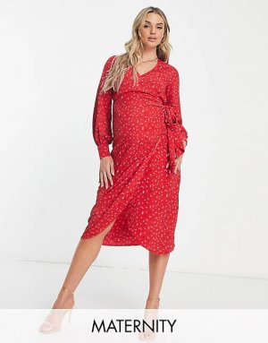 Разноцветное красное платье миди с запахом и длинными рукавами Maternity Glamorous