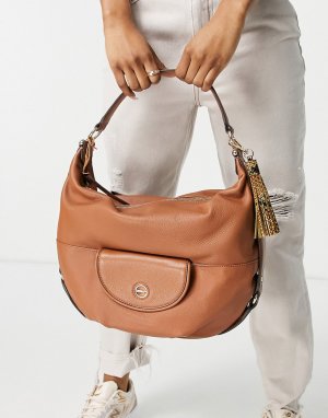Большая светло-коричневая кожаная сумка на плечо с карманом спереди -Коричневый цвет Paul Costelloe