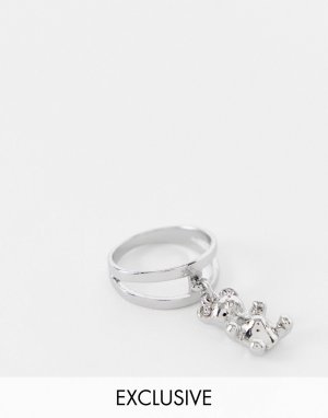 Серебристое кольцо в двойным ободком и подвеской виде медведя стиле унисекс Inspired-Серебристый Reclaimed Vintage