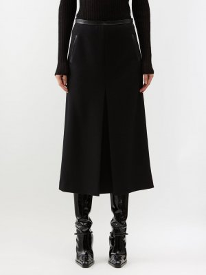 Шерстяная юбка миди с кожаной отделкой и разрезом спереди , черный Saint Laurent